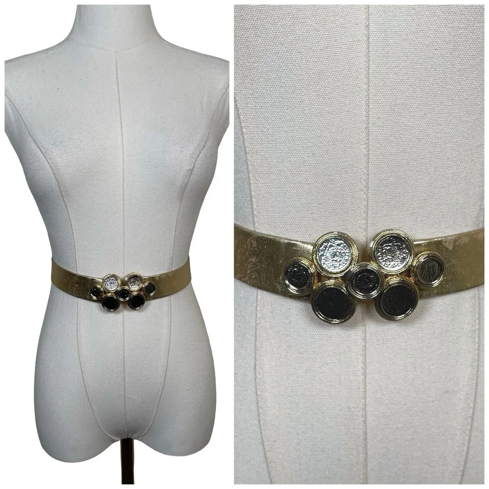 Vintage Coin Buckle Waist Belt Women OS Gold Metallic Medallion Statement 80s